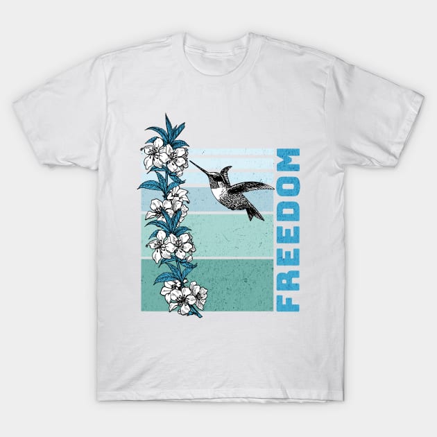 Humming Bird with Flowers Retro Sunset (Blue) T-Shirt by Serene Lotus